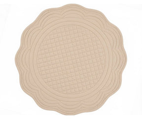 Beige quilted cotton round placemat with scalloped edge for neutral farmhouse and minimalist table décor