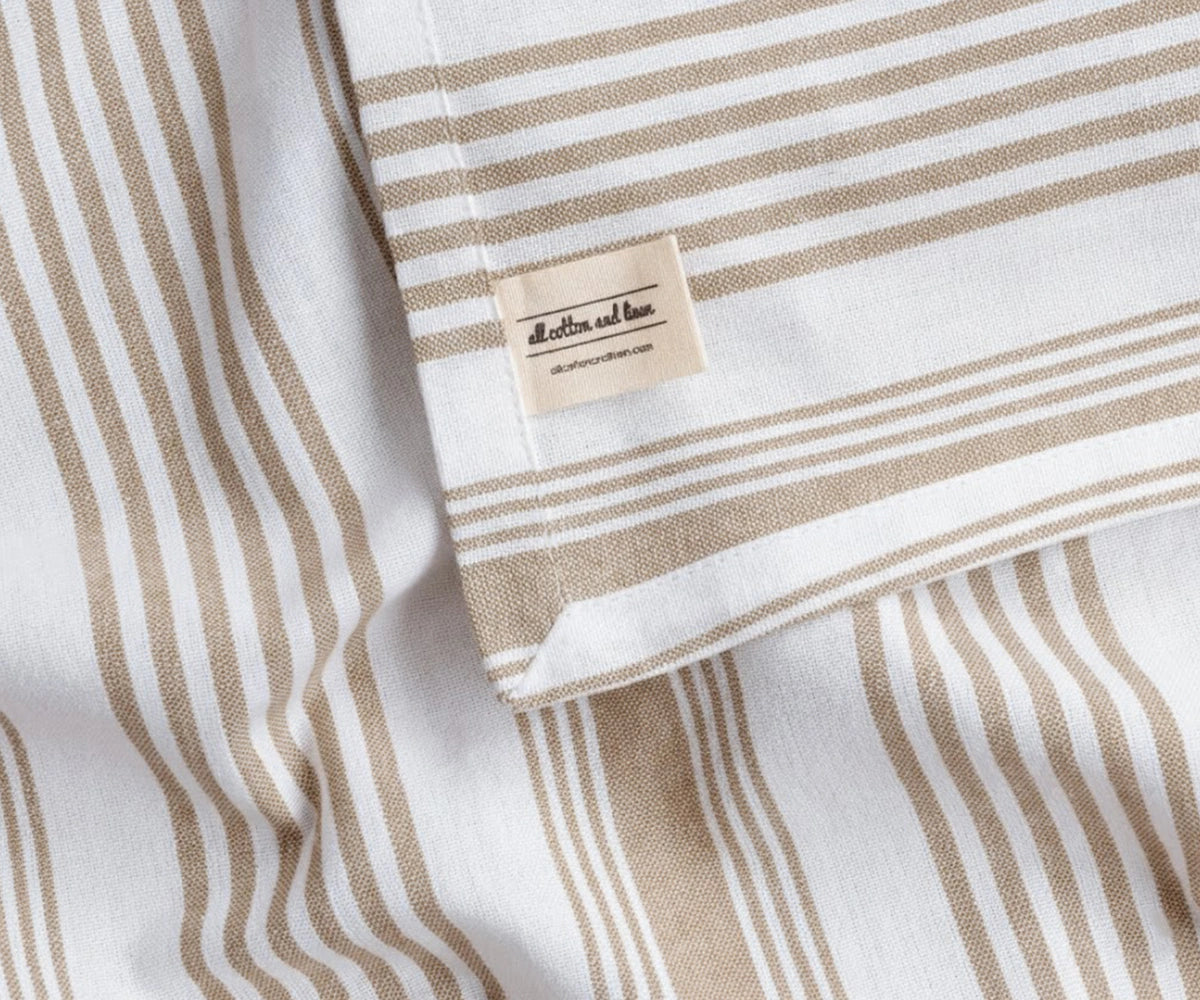 Beige striped rectangular cotton tablecloth for indoor and outdoor dining tables