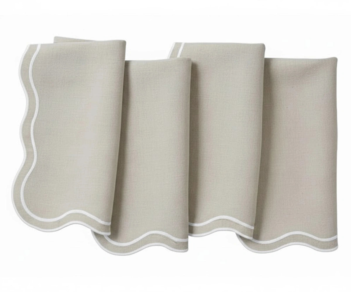 beige scalloped edge cotton napkins with delicate embroidery. reusable beige cotton napkins for holidays and everyday dining