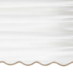 White scalloped curtain panel with beige trim - Close up