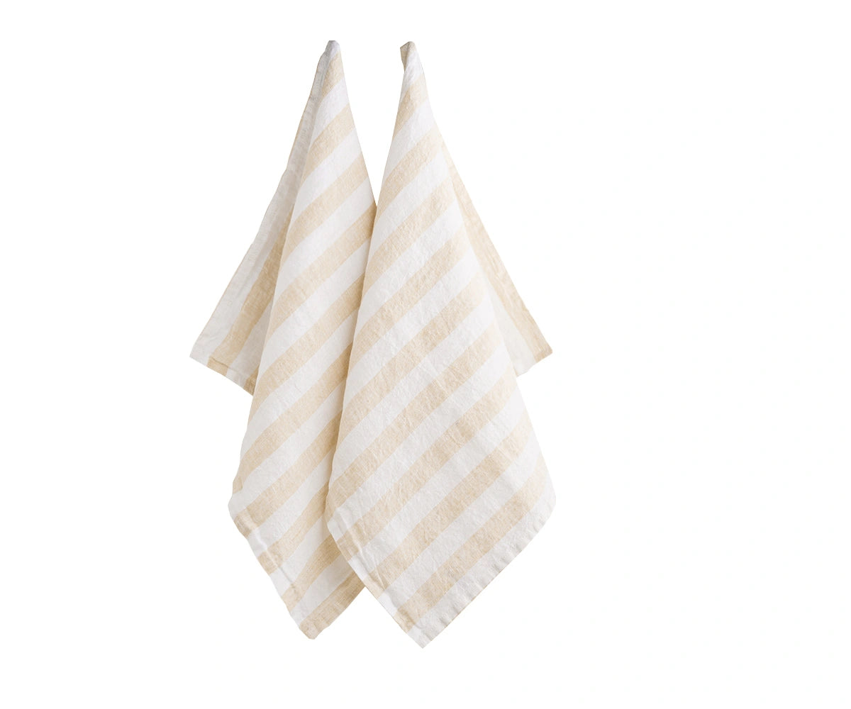 Beige striped linen tea towels hanging reusable eco friendly linen kitchen dish towels