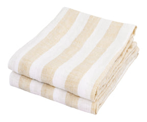 Beige and white striped linen kitchen towels folded stack neutral farmhouse style