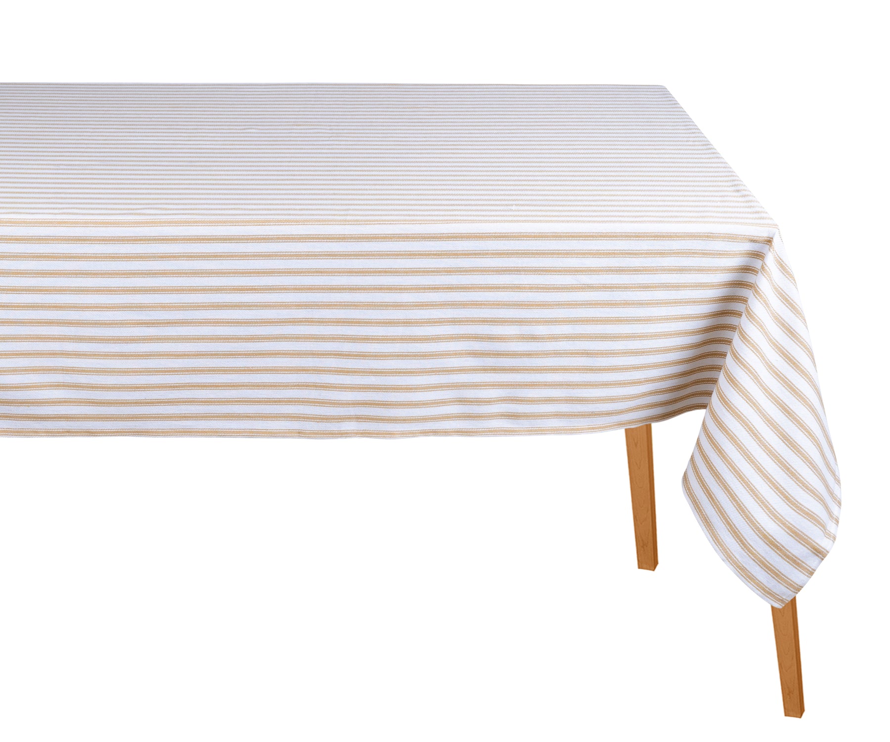 Machine washable beige and white striped cotton tablecloth in multiple rectangle sizes