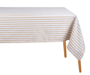 Beige and white striped cotton rectangle tablecloth with farmhouse ticking stripe design