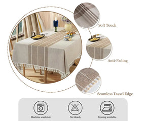 Beige table runner with tassels on a table setting, featuring text on product features.