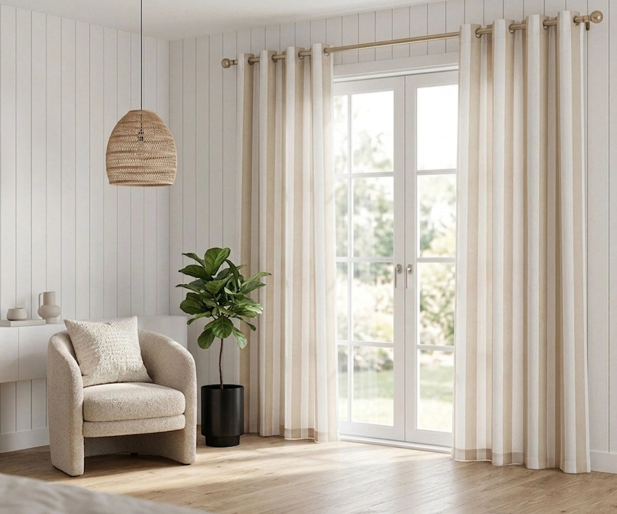 Beige white cabana stripe window curtains  premium cotton curtain panels with timeless striped design for modern farmhouse and boho home décor