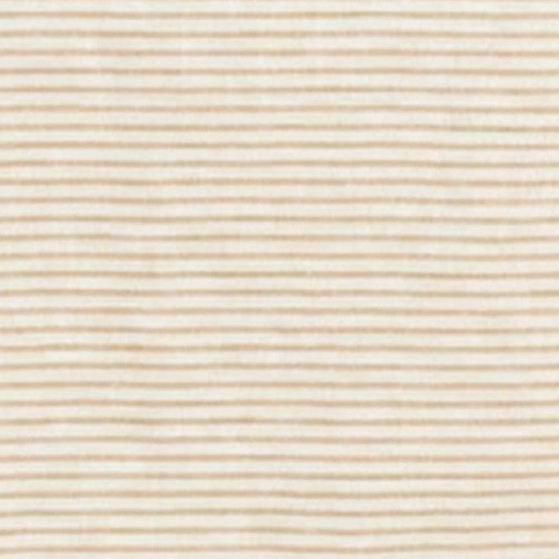 Close-up view of a beige and white horizontal striped cotton fabric texture swatch.