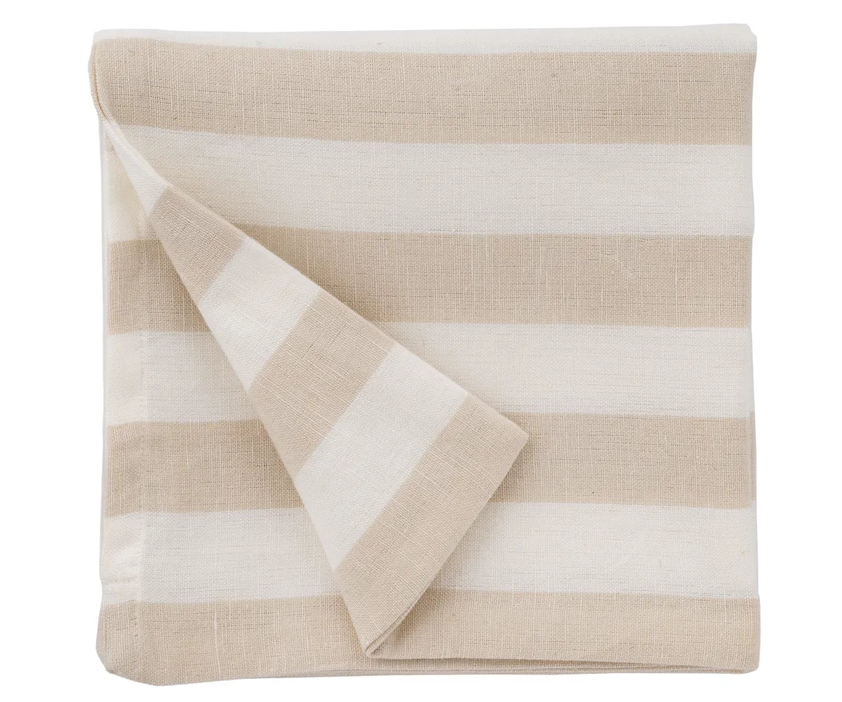 Side view of durable cotton linen beige stripe cushion cover