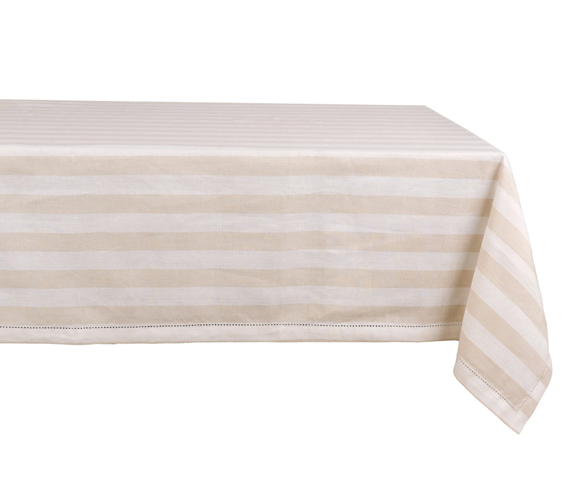 Elegant beige striped 100% cotton rectangle tablecloth with hemstitched edges displayed on a dining table set for family dinner.