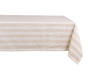 Elegant beige striped 100% cotton rectangle tablecloth with hemstitched edges displayed on a dining table set for family dinner.