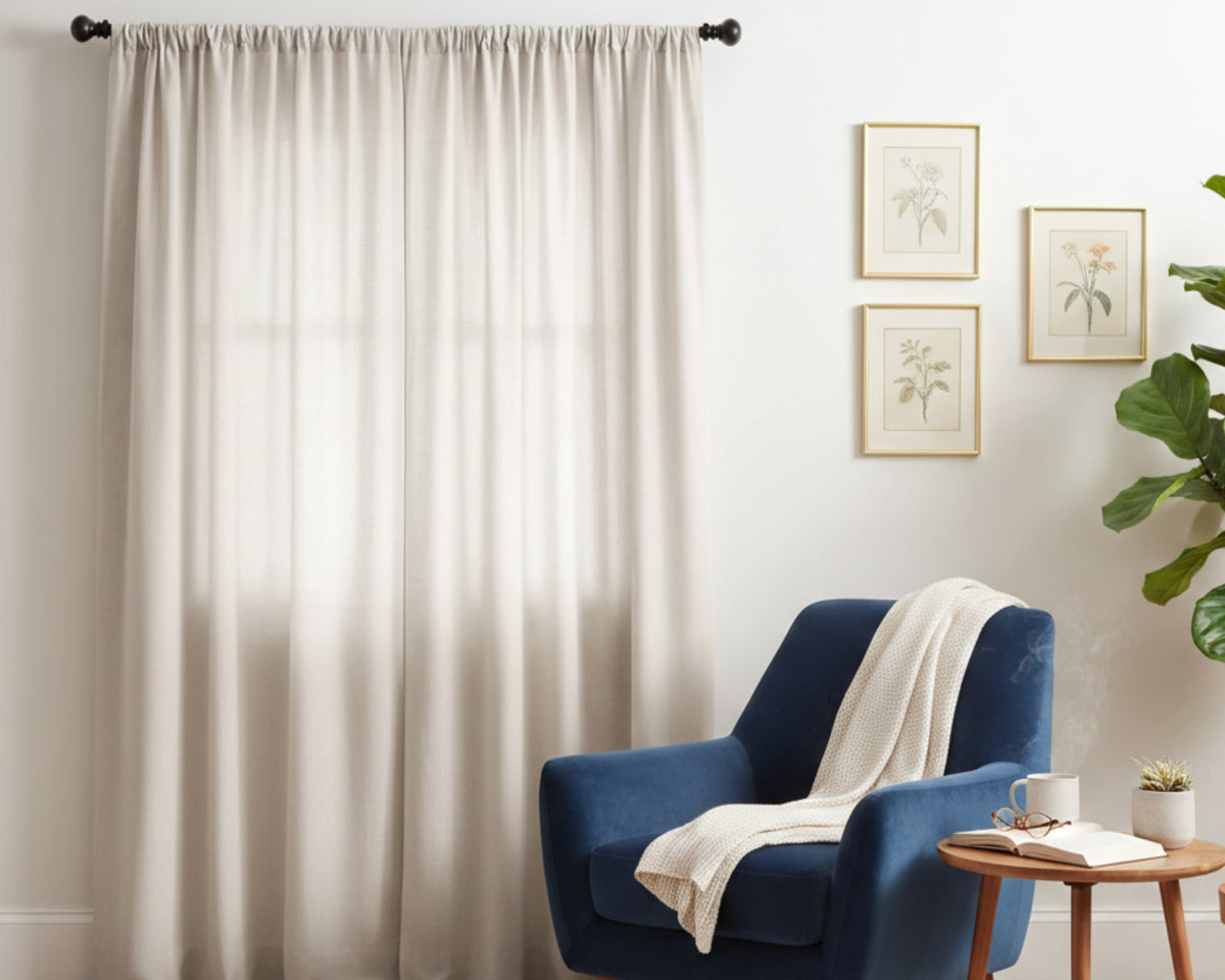 Light beige linen window curtains with gathered top - lifestyle Image