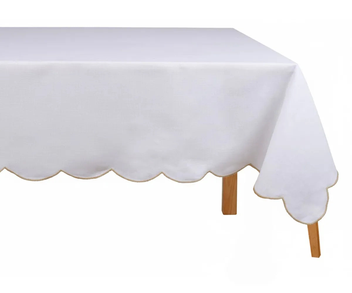 Elegant white cotton tablecloth with beige scalloped embroidery — soft, durable, and timeless for everyday dining or special occasions. Perfect rectangular embroidered tablecloth for farmhouse or modern décor.