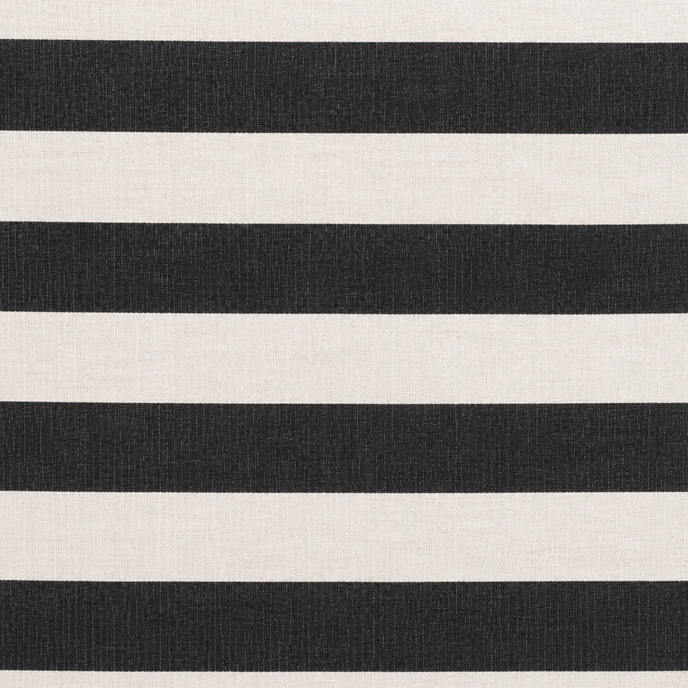 Close-up fabric swatch of a black and white cabana stripe cotton table napkin