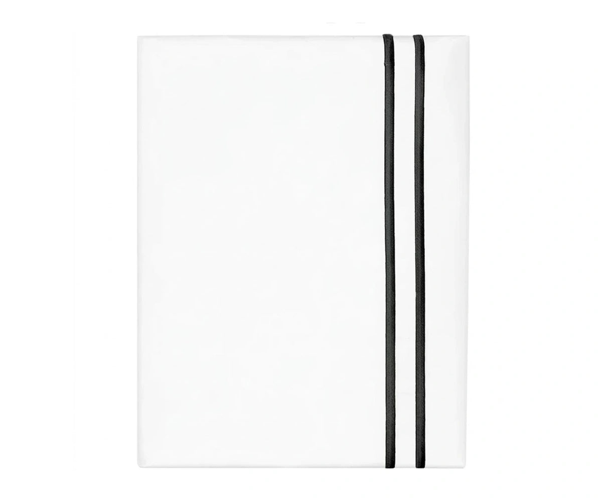 Neatly folded white cotton flat sheet with a bold black double-line embroidered border against a white background.