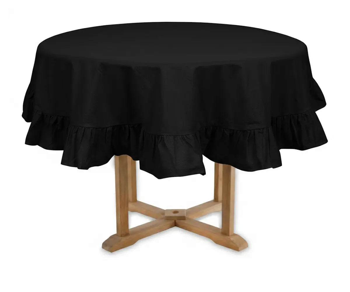 Black ruffled round tablecloth in natural cotton for modern weddings and elegant dining tables