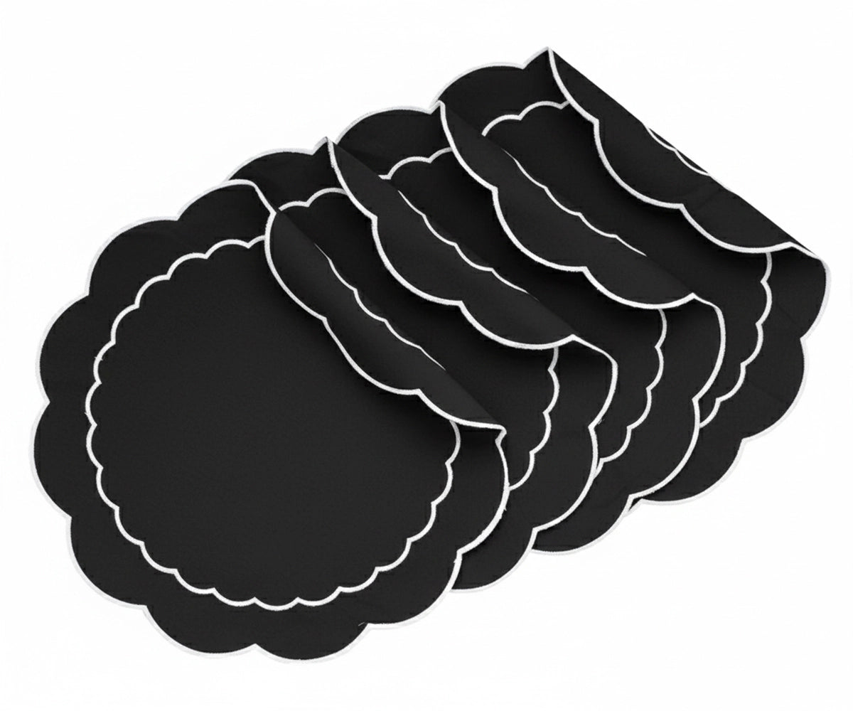 Black circular placemat featuring white stitched trim edge