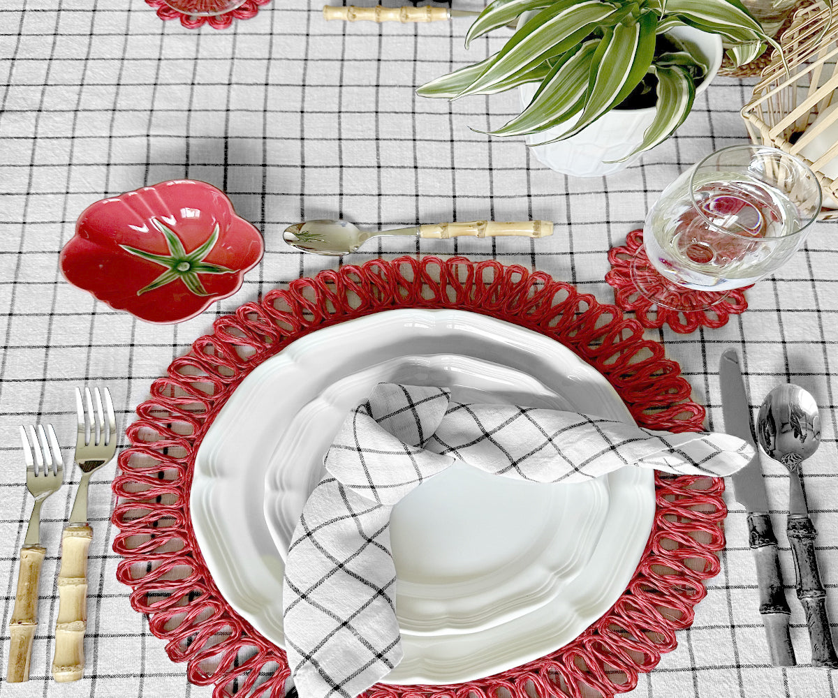 Peruse our variety of black and white stripe tablecloths, encompassing different sizes, including rounds.