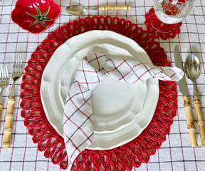 Premium 100% linen napkins in red and black, reusable and eco-friendly for home and events.
