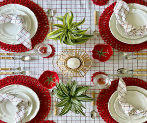 Upgrade outdoor dining with a red and white checkered tablecloth. Also, discover our holiday-inspired tablecloths.