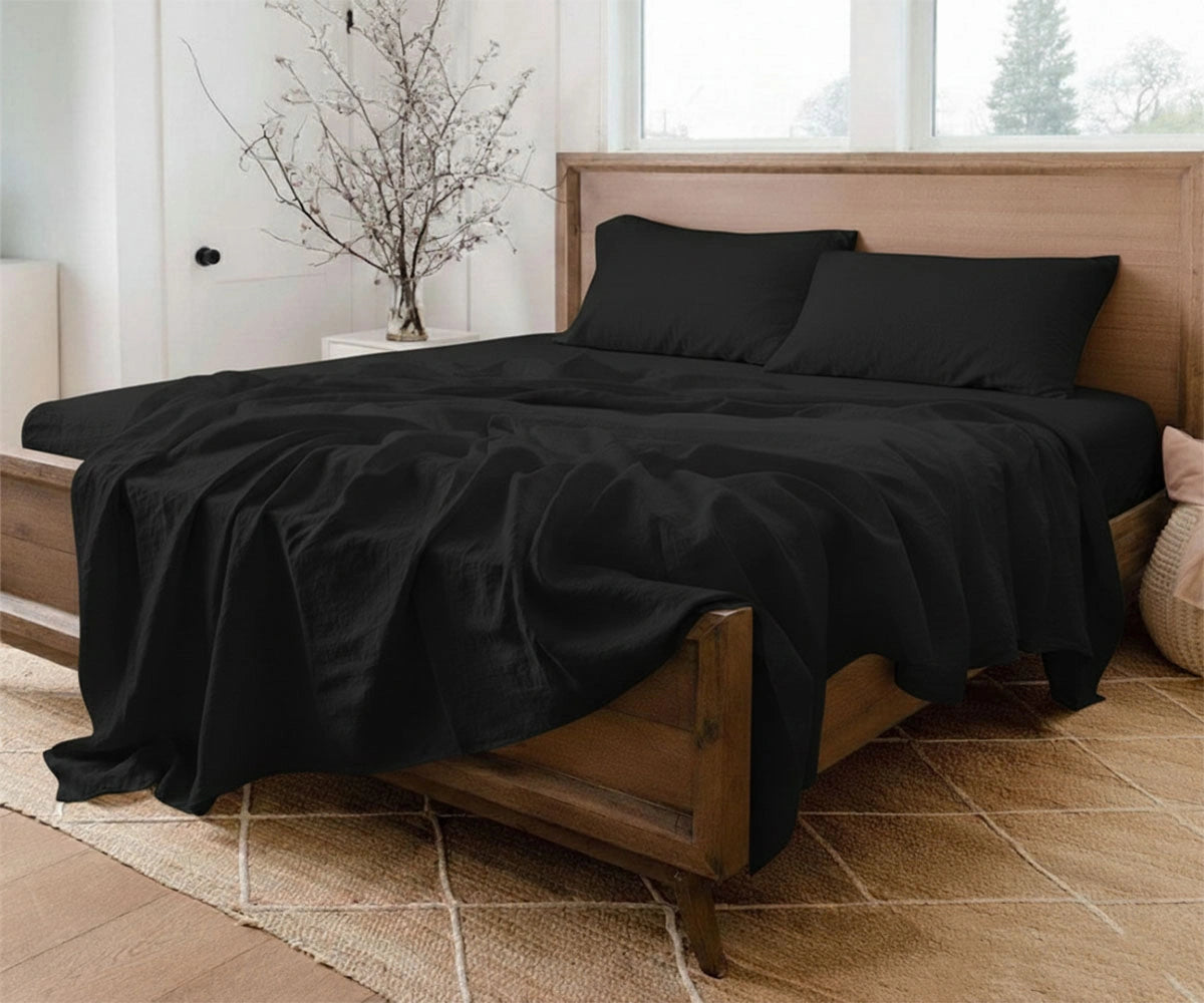 Black 100%European linen sheets with deep pocket fitted sheet and soft breathable texture.
Modern king and queen luxury linen bedding set for contemporary home décor.