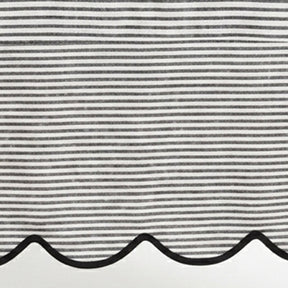 Black striped linen tablecloth material featuring a detailed scallop hem design for modern kitchen and dining decor.