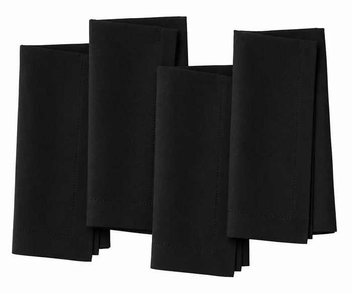 Classic black cotton hemstitch napkins, reusable washable cloth dinner napkins for weddings, restaurants, formal events, and everyday table settings.