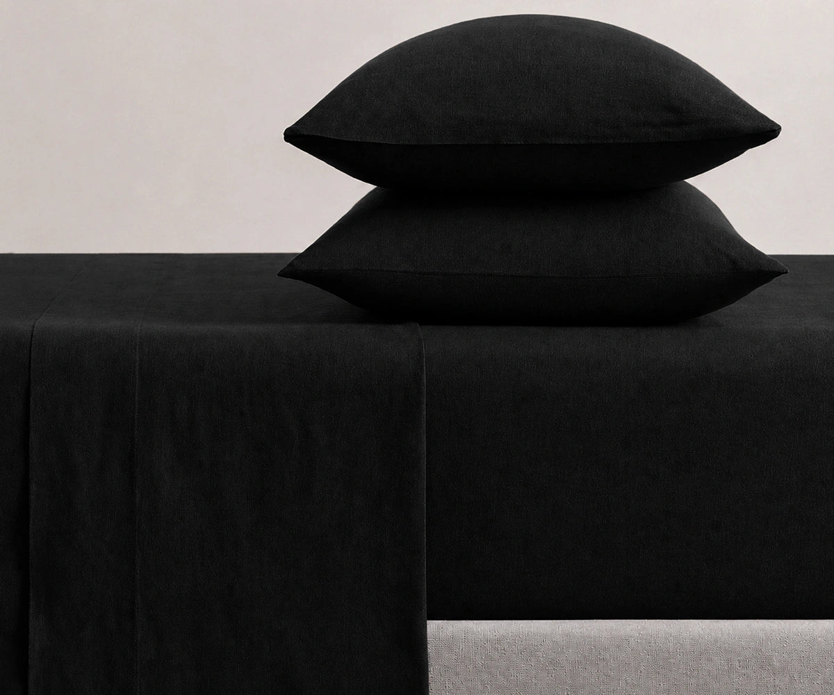 Luxury Black deep pocket linen fitted sheet with soft washed finish for queen, king, and California king beds