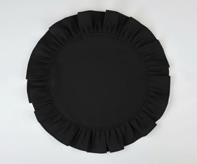 Black round ruffled cotton napkins featuring a minimalist linen finish, ideal for modern tables and formal dining setups.