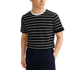 Black and white striped cotton men’s tee – eco-friendly regular-fit crew neck.