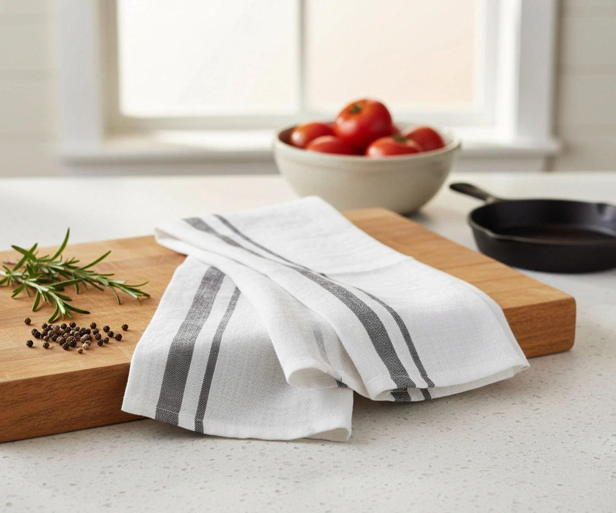 Soft black striped linen towel with a lightweight, absorbent texture.