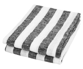 Black and white striped linen kitchen towels folded stack soft textured fabric italian linen tea towels
