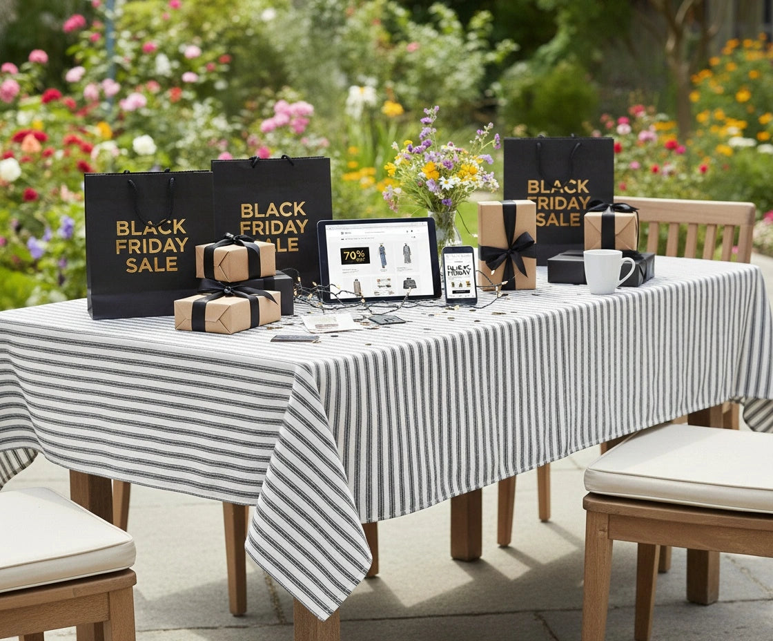 Classic black and white stripe tablecloth for dining and party décor
