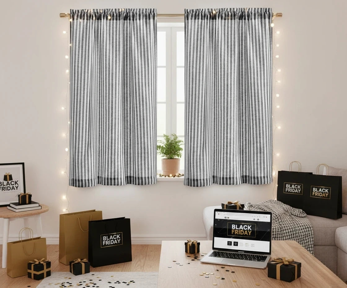 Simple black striped curtains for kitchen windows with clean, elegant finish