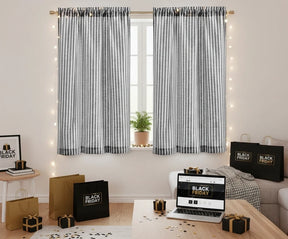 Simple black striped curtains for kitchen windows with clean, elegant finish
