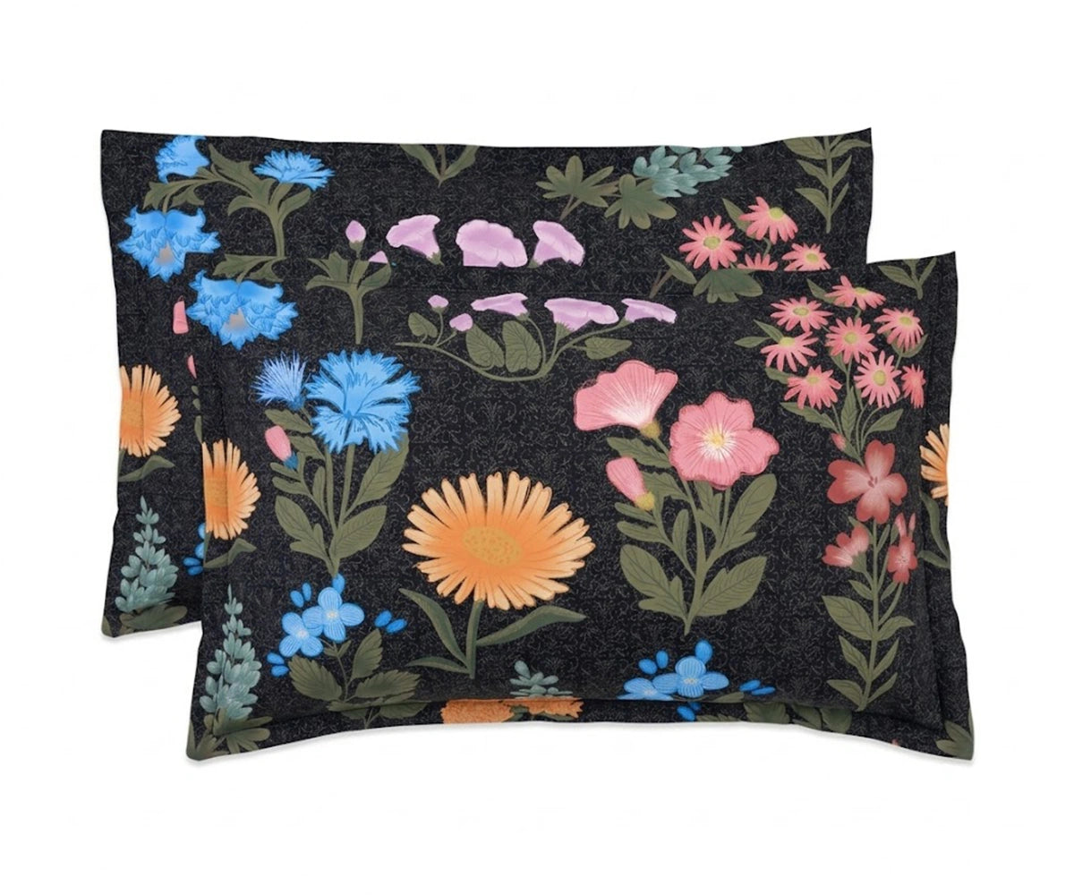 black floral linen pillowcover set with detailed flower print, luxury linen sheet set queen king size, soft breathable bedding for statement interiors