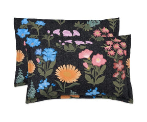 black floral linen pillowcover set with detailed flower print, luxury linen sheet set queen king size, soft breathable bedding for statement interiors