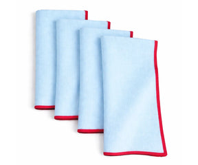 Blue base cotton napkins with red merrow stitch border, embroidered cloth napkins for modern and festive table décor