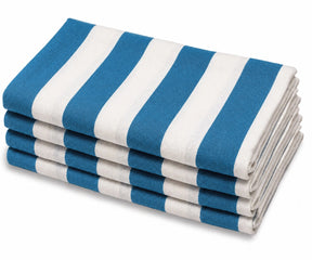 Blue cabana striped cloth napkins, reusable and washable cotton dinner napkins for modern farmhouse decor.