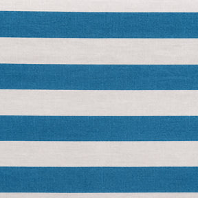 Close-up fabric swatch of a blue and white cabana stripe cotton table napkin