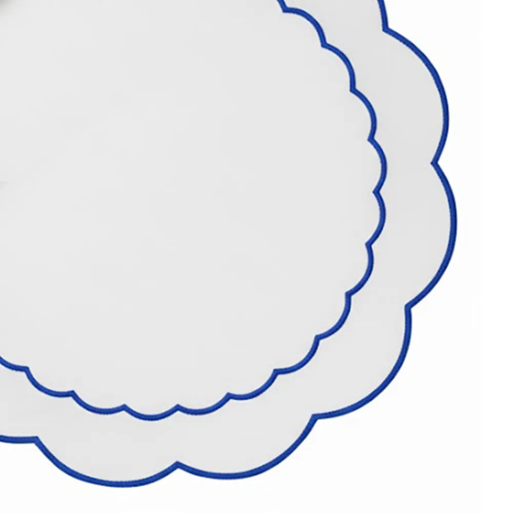 Round Placemats White - Royal Blue Scalloped Edge