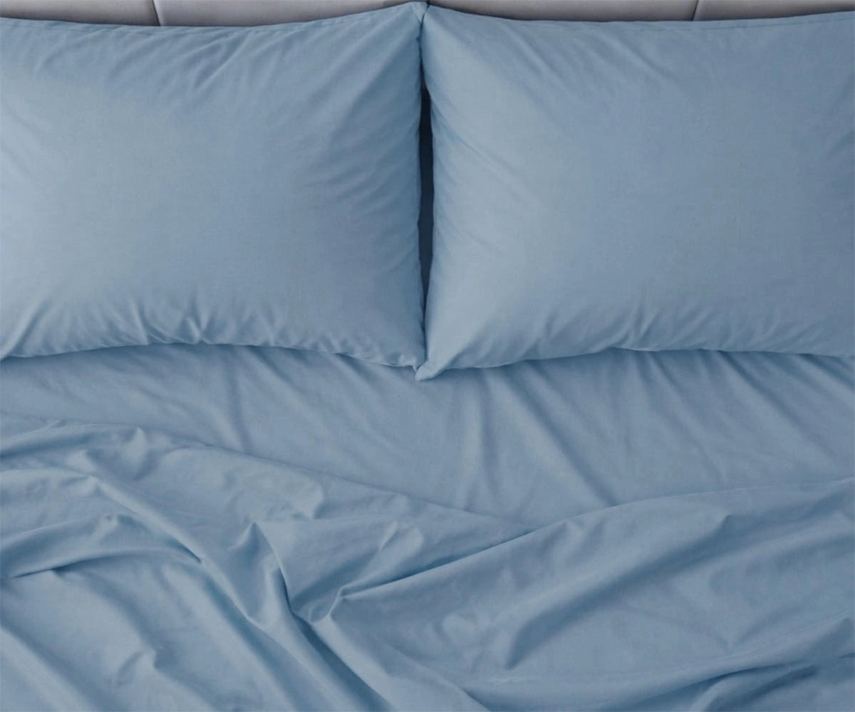 Blue cotton sateen bed sheets with 400 thread count, soft breathable luxury sateen bedding for king and queen beds.