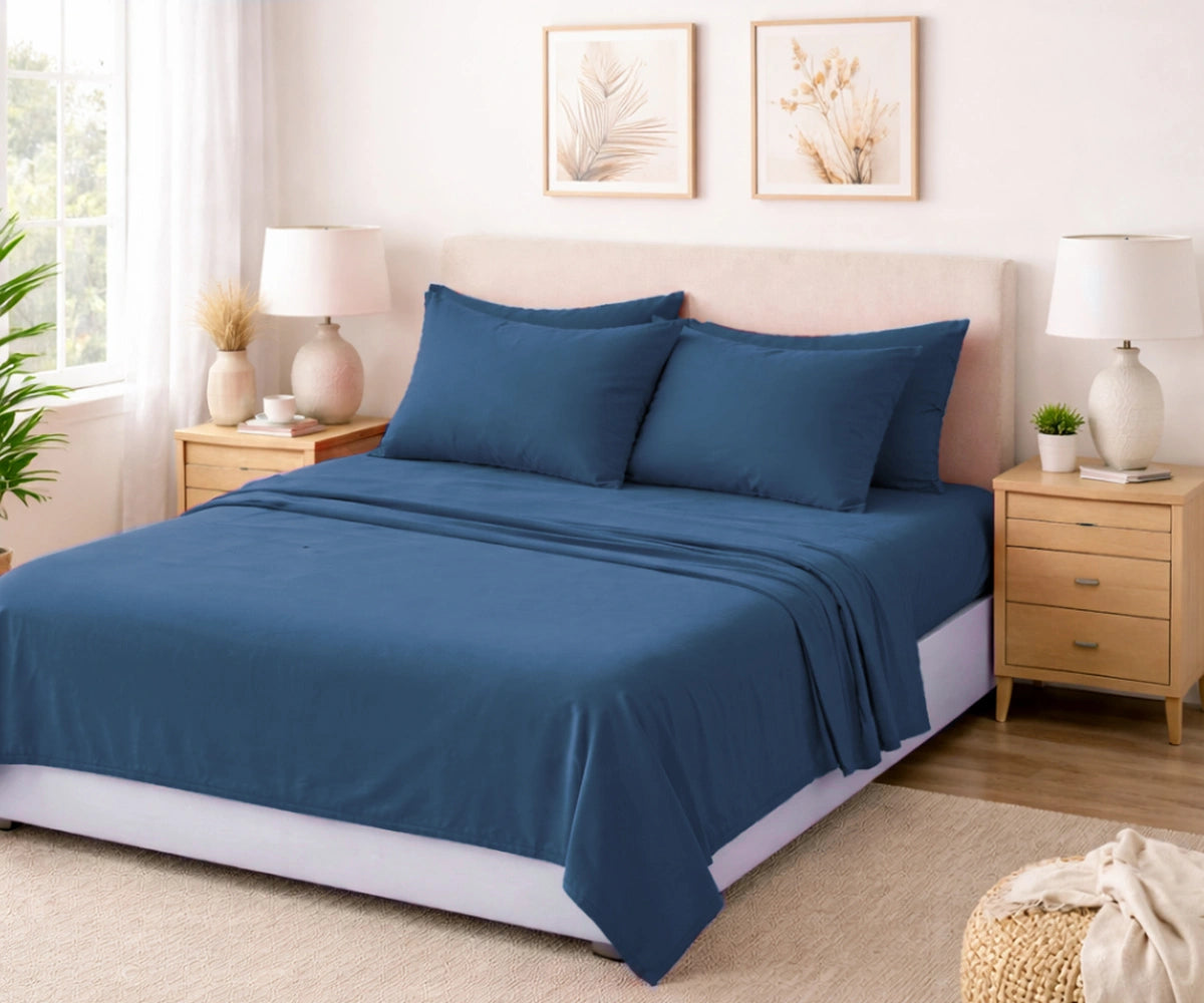 Dusty blue 100% European flax linen bedding set with temperature regulating deep pocket fitted sheet