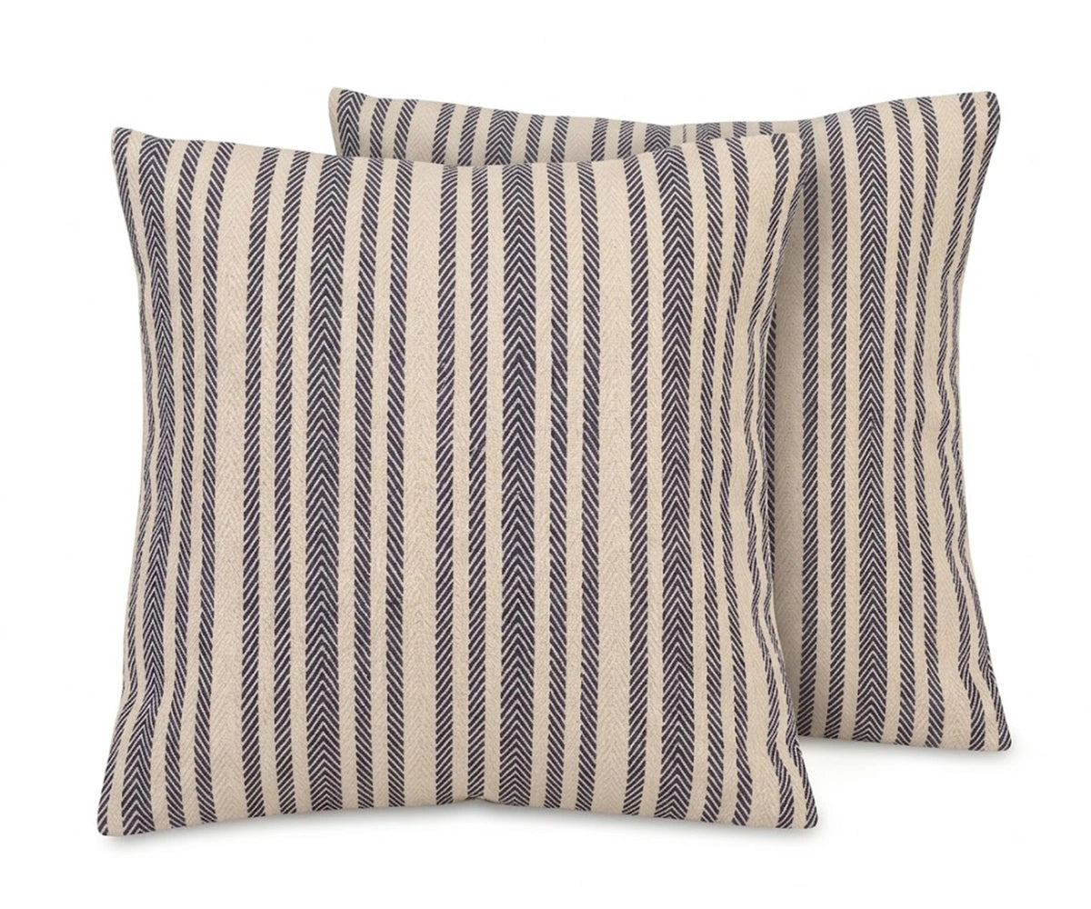 Set of two navy blue vertical striped cushion covers in a herringbone jacquard weave, displayed on a white background.