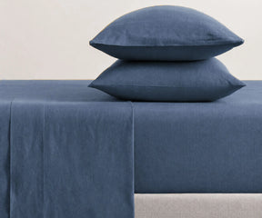 Blue linen bedding set in dusty blue color, cooling breathable sheets for farmhouse, coastal and contemporary bedroom decor with luxury comfort