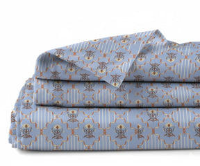 Linen bedding sheet set with vintage floral trellis print and matching pillowcases