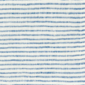 Close-up texture of blue and white horizontal striped cotton fabric swatch.