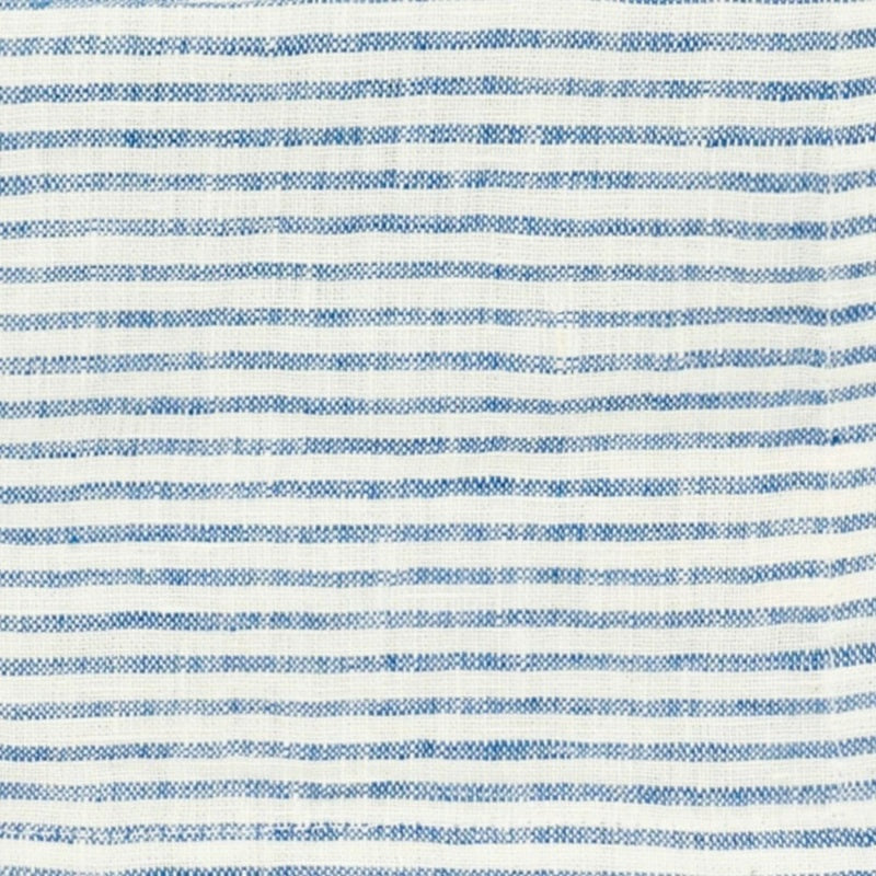 Close-up texture of blue and white horizontal striped cotton fabric swatch.