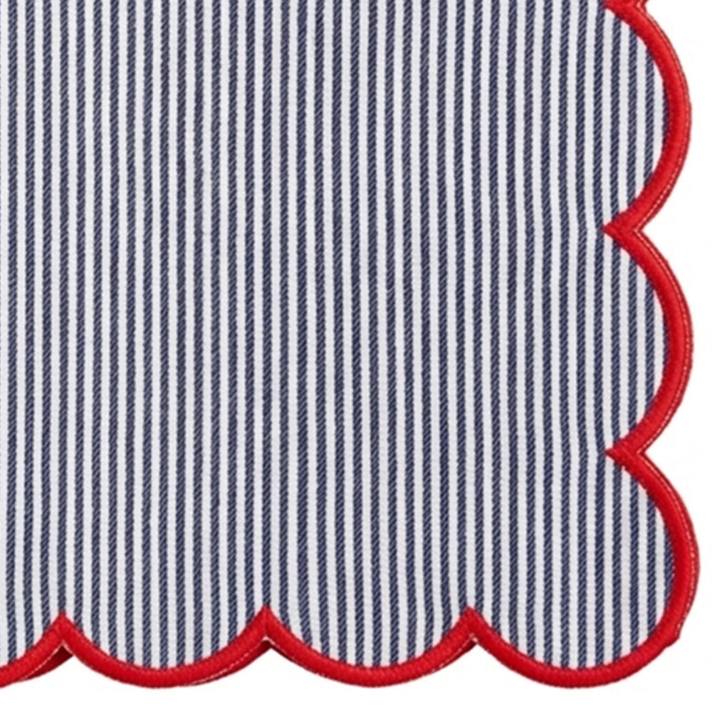 Premium navy blue and white striped napkins crafted from 100% cotton, washable table napkins with red border styling for coastal and modern table settings.
