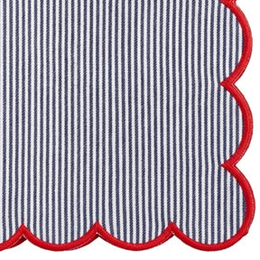Premium navy blue and white striped napkins crafted from 100% cotton, washable table napkins with red border styling for coastal and modern table settings.
