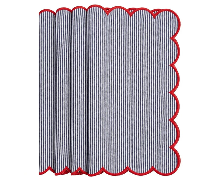 Set of blue and white striped cotton napkins with red edge trim, reusable cloth dinner napkins for weddings, holiday tables, and everyday dining.